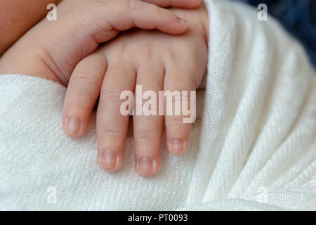 Close-up of little baby poignées. Le nouveau-né garçon dormir sous une couverture en tricot blanc bleu se trouve sur la fourrure. Banque D'Images