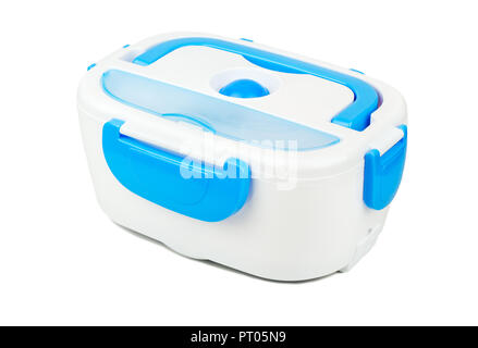 Plastique bleu lunch box isolé sur fond blanc Banque D'Images