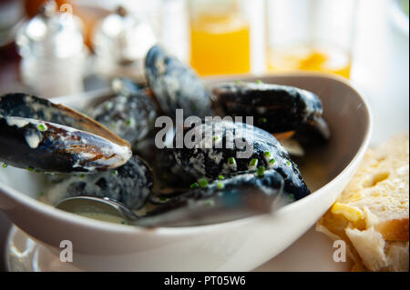 Les moules fraîches capturées Cornish présenté dans un bol ovale dans un vin blanc, à la crème et aux herbes avec du pain trempé sur une table de restaurant. Banque D'Images