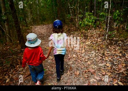 Deux enfants marchant à travers la forêt en tenant les mains, Dalrymple gap, Queensland, Australie