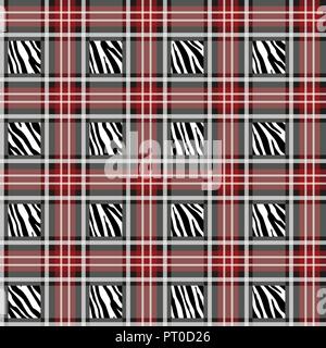 Plaid tartan avec Zebra, sans rayures. De zèbre, peau animale, tiger stripes, abstract pattern, tissu. Amazing hand drawn vector illustration. Affiche, bannière. Illustration de Vecteur