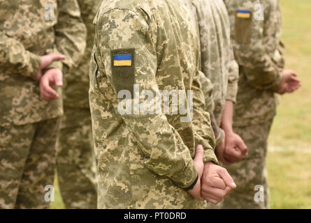 Patch l'Ukraine drapeau sur uniforme de l'armée de terre. L'Ukraine l'uniforme militaire. Les troupes ukrainiennes Banque D'Images