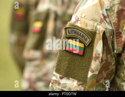 La Lituanie drapeau patch sur le bras de soldats. L'uniforme militaire lituanienne. Les troupes de la Lituanie Banque D'Images