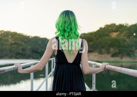 Vue arrière de jeune femme avec les cheveux teint en vert sur une passerelle au lac Banque D'Images