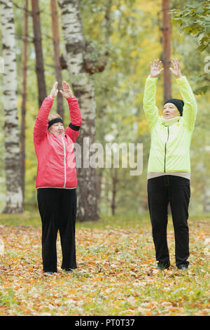 Young woman doing gymnastics vestes colorées dans un parc en automne après une marche scandinave. Les bras Banque D'Images