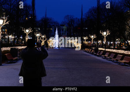 HELSINKI, FINLANDE : le 15 décembre 2016:décorations de Noël Ville de Helsinki juste avant lever de soleil. Statue de Ludwig Runeberg dans Parc de l'Esplanade. Banque D'Images