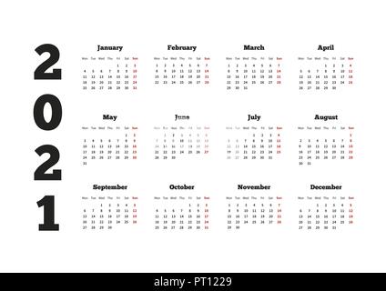 Calendrier sur l'année 2021 avec semaine à partir de lundi, A4 feuille horizontal Illustration de Vecteur