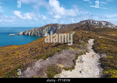 Chemin des galles sur Holyhead Mountain (Mynydd Twr) à l'ouest du nord montrant le sommet à droite et gauche sur la baie Gogarth Anglesey au nord du Pays de Galles Banque D'Images