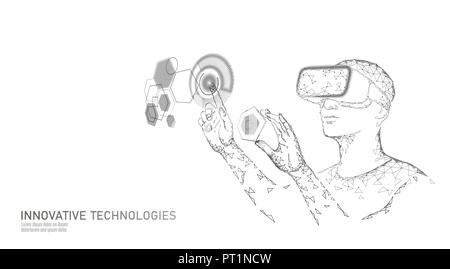 Casque de réalité augmentée virtuel poly faible. L'innovation média concept polygonales. Affichage de l'utilisateur à l'HUD contrôle digital science panel. L'analyse des données de l'ordinateur travail homme vector illustration Illustration de Vecteur