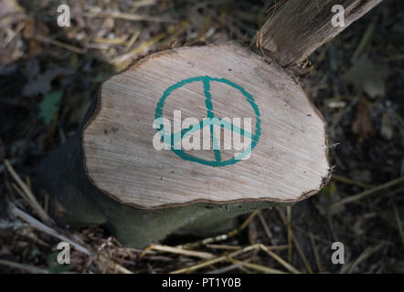 05 octobre 2018, en Rhénanie du Nord-Westphalie, Kerpen : un symbole de paix peinte sur une souche d'arbre scié dans la forêt de Hambach. La démonstration à grande échelle prévue pour ce samedi par des opposants à l'exploitation du lignite Hambach forêt peut avoir lieu en dépit des problèmes de sécurité de la police. Le tribunal administratif à Aix-la-Chapelle a renversé une interdiction émise par la police le vendredi. La police a annoncé qu'ils accepteraient la décision. Photo : Christophe Gateau/dpa Banque D'Images