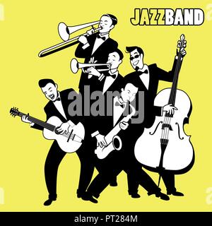 Jazz Band. Cinq joueurs de jazz jouant la musique jazz. Style Cartoon Illustration de Vecteur