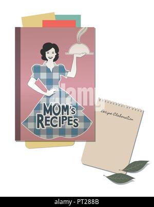 Couvrir avec retro livre de recettes de maman. Note écrite à la main et les feuilles de laurier Illustration de Vecteur