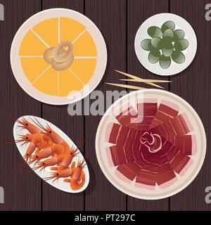 Une cuisine typiquement espagnole. Des tapas. Le fromage, omelette de pommes de terre, jambon ibérique, olives Illustration de Vecteur