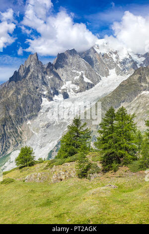 Une vue sur le Massif du Mont Blanc à partir de la voie de la Bertone refuge pendant le Mont Blanc randonnées guidées (Val Ferret, Courmayeur, province d'Aoste, vallée d'aoste, Italie, Europe) Banque D'Images