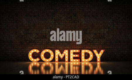 L'enseigne au néon sur mur de brique contexte - comédie. Le rendu 3D Banque D'Images