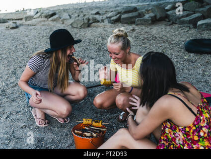 Trois jeunes femmes siégeant ensemble having a barbecue Banque D'Images