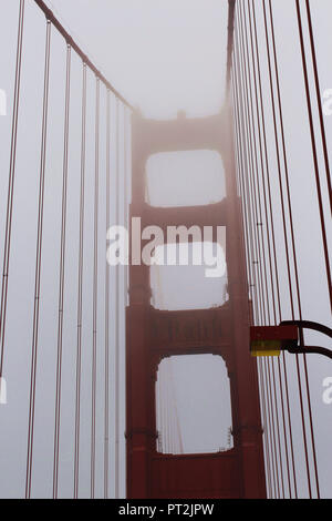 La tour et les câbles du Golden Gate Bridge enveloppée de brouillard, San Francisco, California, USA Banque D'Images