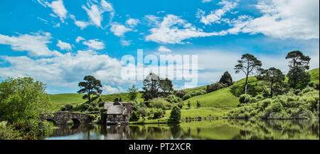 La NOUVELLE ZELANDE, Hobbiton Movie Set, Paysage, pont, maison, Banque D'Images