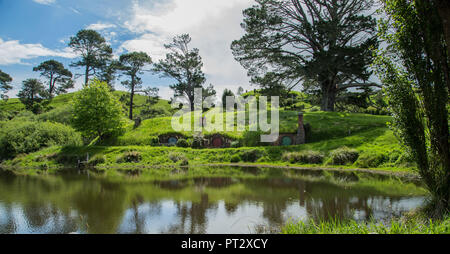 La NOUVELLE ZELANDE, Hobbiton Movie Set, Paysage, maisons de la terre, Banque D'Images