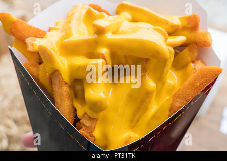 Libre de frites avec du fromage en petits porte-carton. Banque D'Images