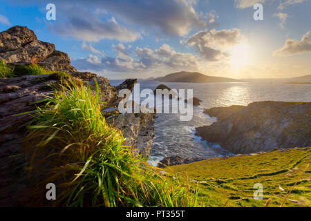 Dunmore Head scenic, côte ouest de l'Irlande, à la péninsule de Dingle (de l'Europe continentale le plus à l'ouest de l'Irlande de l'ouest)point vers îles Blasket tandis que le ciel se dégage, Banque D'Images