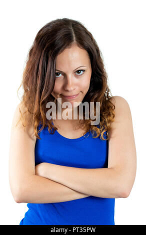 Triste femme, isolée sur fond blanc. Furieux pour le plaisir Banque D'Images