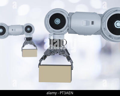 Concept de l'industrie de l'automatisation avec rendu 3d du bras robot avec boîte en carton Banque D'Images