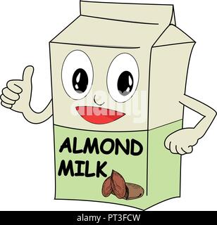 Vecteur d'une boîte de lait d'amande. Dessin animé avec le visage et le pouce vers le haut. Concept de profiter de boissons végétales. Illustration de Vecteur