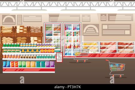 Illustration de supermarché. Store intérieur avec des marchandises. Grand centre commercial. Étagères, réfrigérateur, et charrettes. Réfrigérateur avec du fromage et de la viande. Vector illustration. Illustration de Vecteur