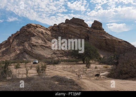 Voiture sur un chemin de sable dans le lit de rivière à sec de la swakop river à l'est de Swakopmund, Namibie. Banque D'Images