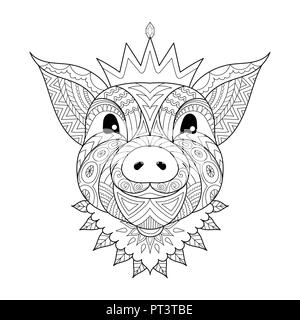 Zentangle de porc stylisée couronne bébé portant le signe chinois de l'année 2019 pour la page de coloriage, imprimé tee et ainsi de suite. Vector illustration Illustration de Vecteur