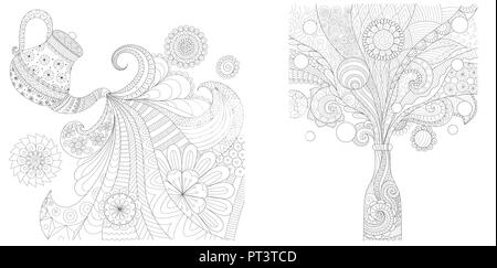 Ensemble de pages à colorier pour adultes comprenant thé et boisson buste d'une bouteille. Illustration vectorielle. Illustration de Vecteur