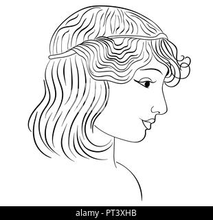 Dessin linéaire du profil de la fille. Ses cheveux étaient menottés. Salon de beauté. Blanc, isolé. Vectoriel Illustration de Vecteur