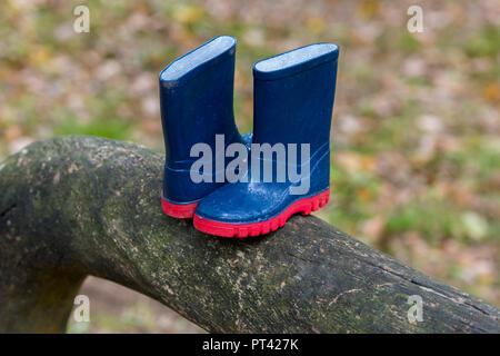 Une paire d'enfants de couleur bleu bottes sur une branche d'un arbre en bois. Banque D'Images