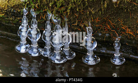 La formation de glace sur un petit ruisseau forestier, Wenichbach Tabener dans la jungle, Taben-Rodt, vallée de la Sarre, Rhénanie-Palatinat, Allemagne Banque D'Images