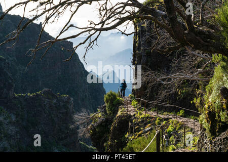 Sur le sentier de randonnée femme de Pico Ruivo à Pico do Areeiro, Achada do Teixeira, Santana, municipalité de la région de Madère, Portugal, Banque D'Images