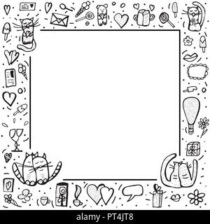 Cadre carré avec symboles mignons d'amour en style doodle. Les chats et les objets de la saint valentin. Vector illustration. Illustration de Vecteur