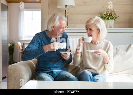 Happy senior couple talking s'amusant à la maison du thé Banque D'Images