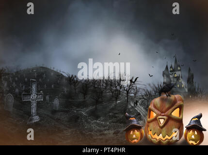 Hause hanté avec peur la route ,effrayant sombre fumée cimetière gris clair sur un fond noir Halloween concept Banque D'Images