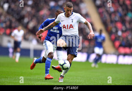 Toby Alderweireld de Tottenham Hotspur lors du match de la Premier League au stade Wembley, Londres. APPUYEZ SUR ASSOCIATION photo. Date de la photo: Samedi 6 octobre 2018. Voir PA Story FOOTBALL Tottenham. Le crédit photo devrait se lire comme suit : Simon Galloway/PA Wire. RESTRICTIONS : aucune utilisation avec des fichiers audio, vidéo, données, listes de présentoirs, logos de clubs/ligue ou services « en direct » non autorisés. Utilisation en ligne limitée à 120 images, pas d'émulation vidéo. Aucune utilisation dans les Paris, les jeux ou les publications de club/ligue/joueur unique. Banque D'Images