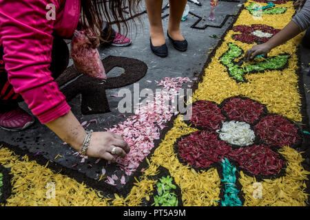 Lima, Pérou. 6 octobre 2018. Les dévots de faire un tapis de fleurs, à l'extérieur de l'église où l'image du Seigneur des miracles va commencer la procesion. Chaque octobre depuis quatre siècles cette procession a lieu à Lima et est connu comme le plus important événement religieux au Pérou. Cette tradition péruvienne commémore le séisme dévastateur de Lima 1746 qui n'a laissé qu'une peinture murale du Christ debout dans une zone urbaine. Credit : SOPA/Alamy Images Limited Live News Banque D'Images
