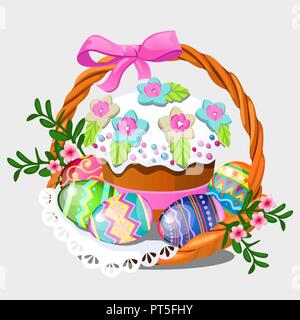 Panier en osier avec ensemble d'oeufs colorés, des fleurs et de l'est gâteau de Pâques isolé sur fond blanc. Cartoon Vector illustration close-up. Illustration de Vecteur