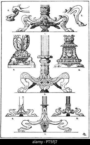 Candélabres pieds : 1. Pied d'un candélabre en bronze antique. Musée de l'irn de Naples. 2e pied d'un candélabre en bronze antique. (Bötticher). 3. Pied d'un candélabre bronze antique.Dans l'Studj publici à Florence. (Weissbach et Lottermoser). 4e 5e Pieds de candélabre en bronze au musée de Naples. 6-7. Griffes de candélabres anciens pieds. L'ancien trouvé dans les ruines d'Pästum, l'autre z. Z. Dans le musée de Naples. 8. Pied d'un candélabre en marbre romain. 9. Pied d'un candélabre de la Renaissance. Les dessins à la main collection de la Galerie des Offices à Florence, 1918 ML. Banque D'Images