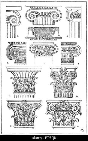 Capitales-colonne : 1. Greek-Ionian capitell normal. (Jacobsthal). 2. Colonne ionienne capitel du temple à Bassä. 3. La moitié de la colonne ionienne-capitell de Pompéi. 4. Roman-Ionian capitell la colonne. (Musterornarnente). 5. Greek-Ionian capitell pilier de l'Erechtheion à Athènes. 6. Capitell pilier ionienne du Louvre à Paris. 7. Pilier de Corinthe Antique. capitell Trouvé sur Milo. (Modèles pour les fabricants et artisans). 8. Greek-Corinthian capital pilier du monument de l'Lysic à Athènes. 9. Roman-Corinthian capitell à piliers du palais impérial à Rome. 10. Compos romain Banque D'Images