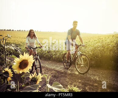 Teen couple riding bike dans champ de tournesol Banque D'Images