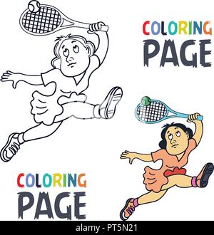 Coloriage avec le joueur de tennis femme cartoon Illustration de Vecteur