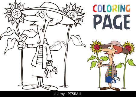 Grand-mère et de tournesol coloriage dessin animé Illustration de Vecteur