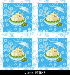 Arrière-plan transparent, tasse avec de la crème glacée, des kiwis, des gaufres, des parasols et des écrous d'Amande sur Motif floral bleu abstrait avec un carré blanc. Eps10, contient les transparents. Vector Illustration de Vecteur