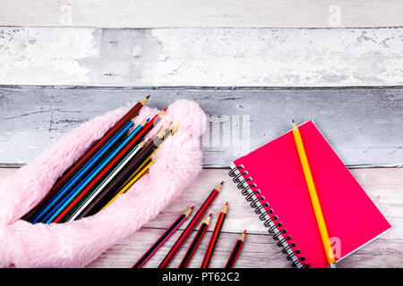 Étui à crayons rose et crayons de couleur avec une note portant sur le livre de plancher en bois peint de déroulage Banque D'Images