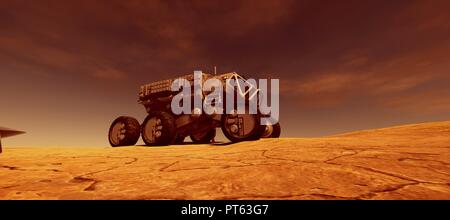 Fort détaillée et réaliste de l'image 3D à haute résolution spatiale d'un véhicule rover sur Mars comme paysage Banque D'Images